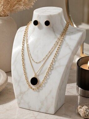 18K Gold Plated Triple Layered Necklace and Stud Earrings Set Black Quiet Luxury